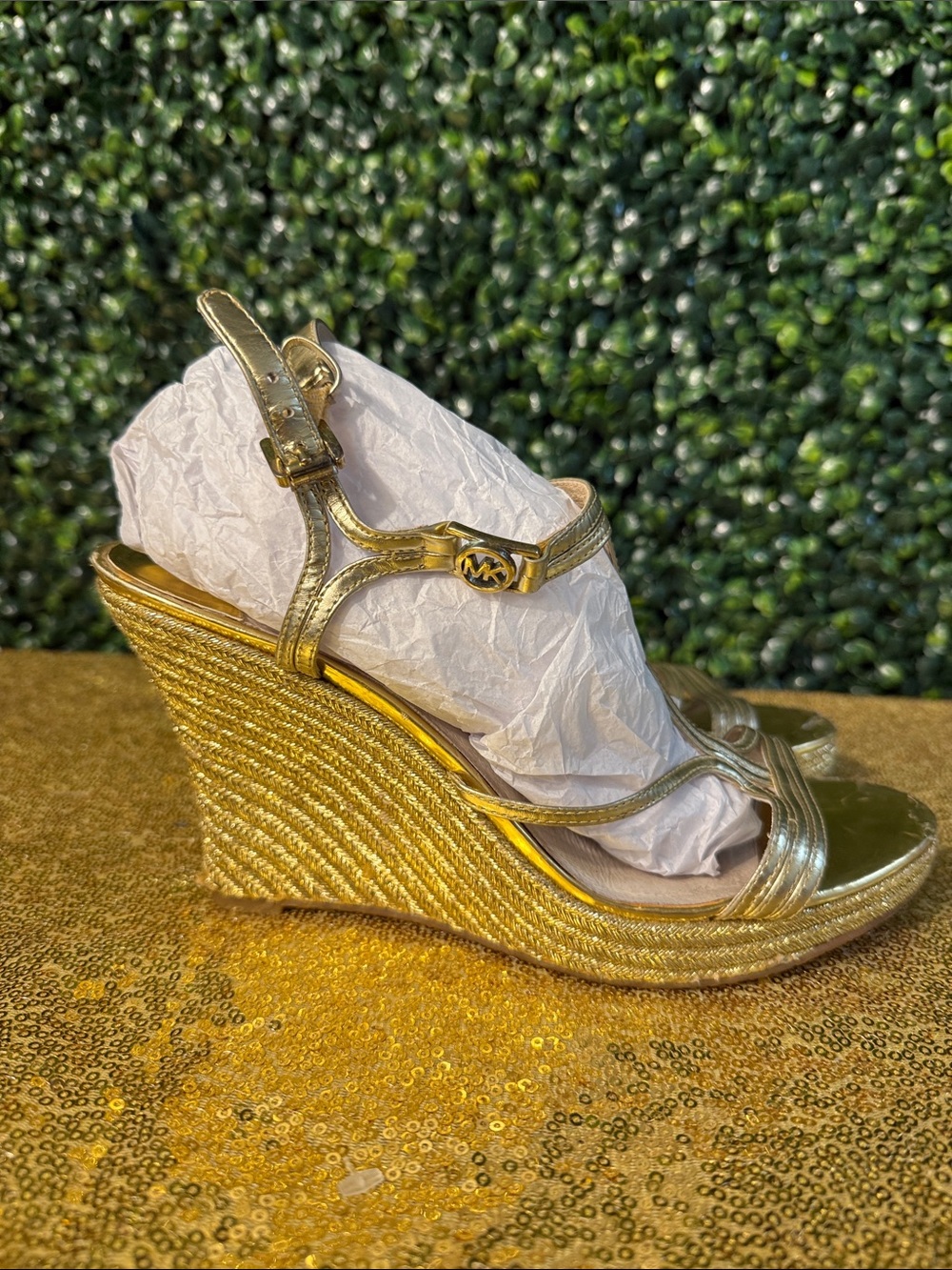 Michael Kors Metallic Gold Espadrille Wedge Sandals